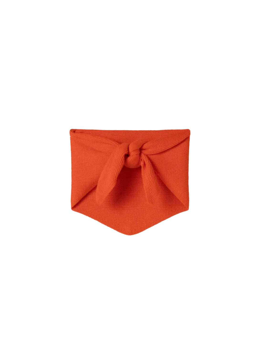 A bright orange ribbed knit bandana or headwrap tied in a knot at the top, displayed flat against a clean white background.