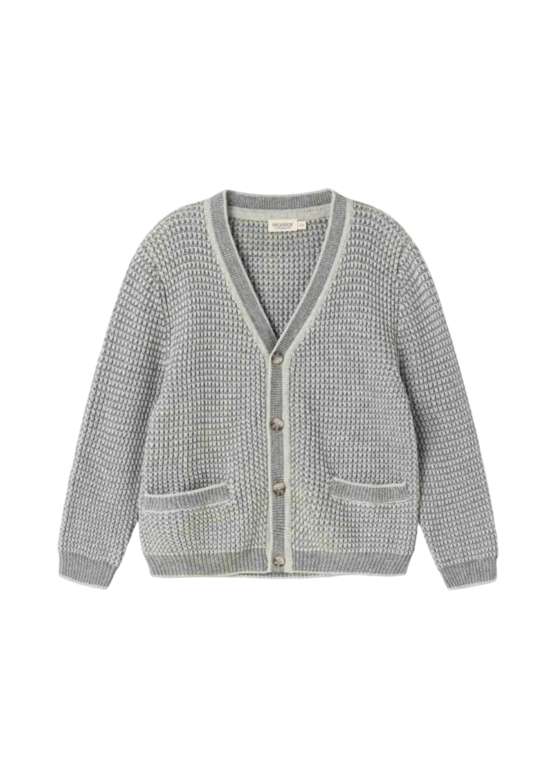 Gray knitted cardigan with button details on a white background