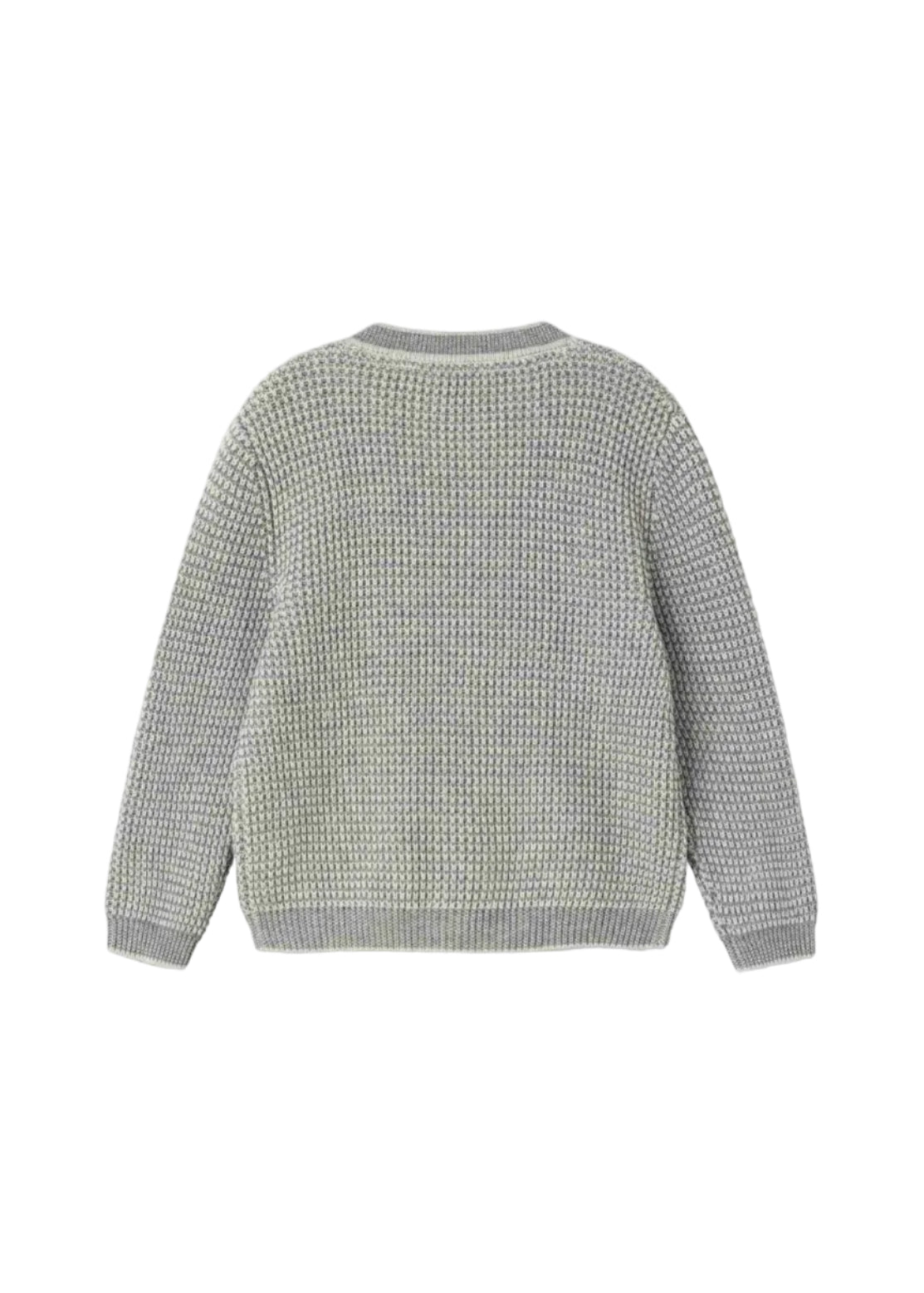 A light gray textured knit sweater with a waffle or wavy pattern, shown from the back on a plain white background.