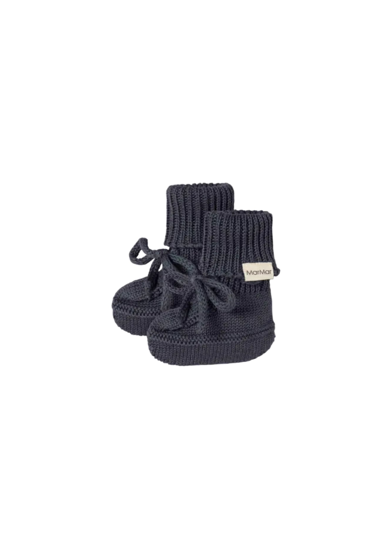A pair of dark gray ribbed knit baby booties with lace-up front details and a small white brand tag reading 'MarMar' on a clean white background.