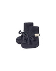 A pair of dark gray ribbed knit baby booties with lace-up front details and a small white brand tag reading 'MarMar' on a clean white background.