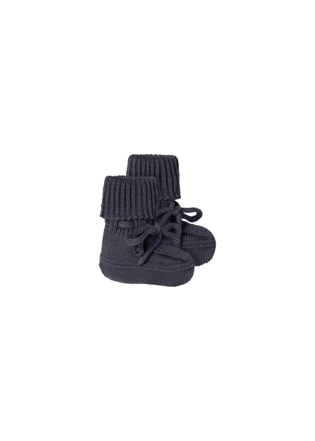 A pair of dark gray knit baby booties with ribbed cuffs and matching drawstring laces, shown on a plain white background.