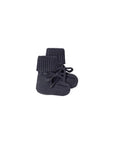 A pair of dark gray knit baby booties with ribbed cuffs and matching drawstring laces, shown on a plain white background.