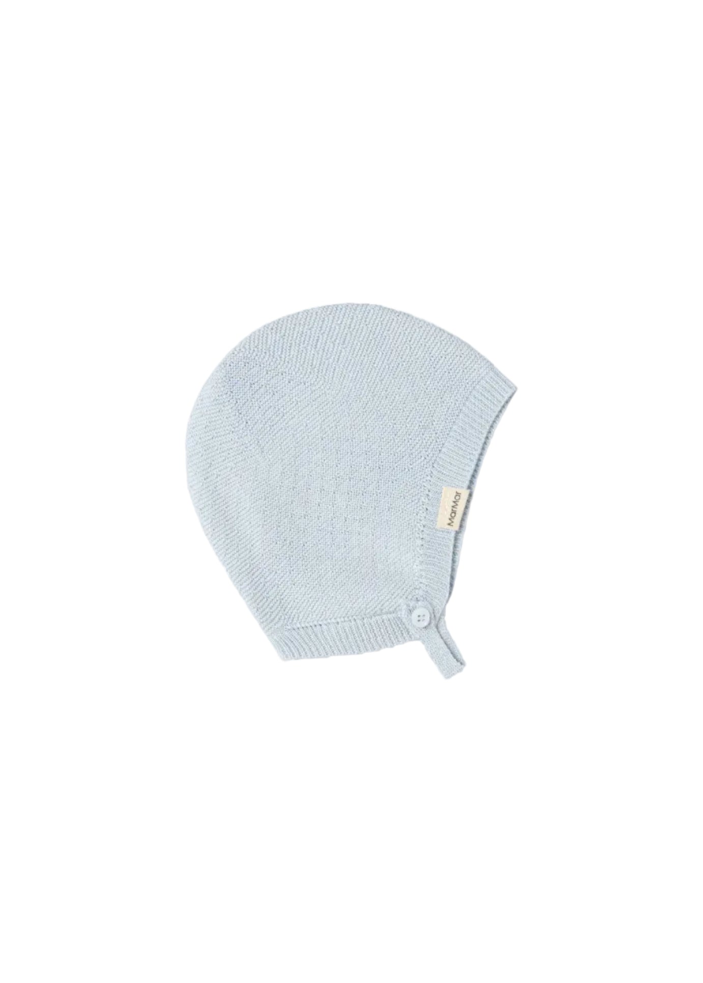 Light blue knitted baby hat with a brand label on a white background