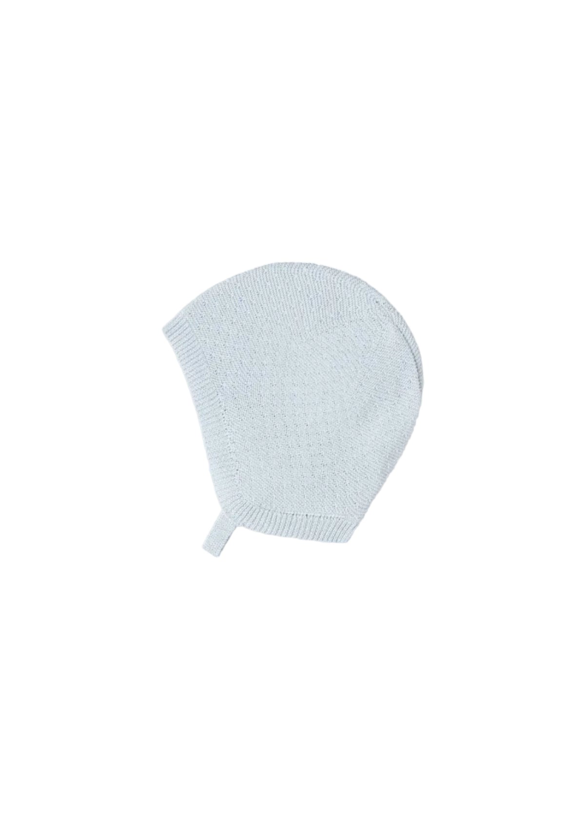 A light blue knit baby bonnet hat with a ribbed edge and small loop, shown on a plain white background.