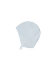 A light blue knit baby bonnet hat with a ribbed edge and small loop, shown on a plain white background.
