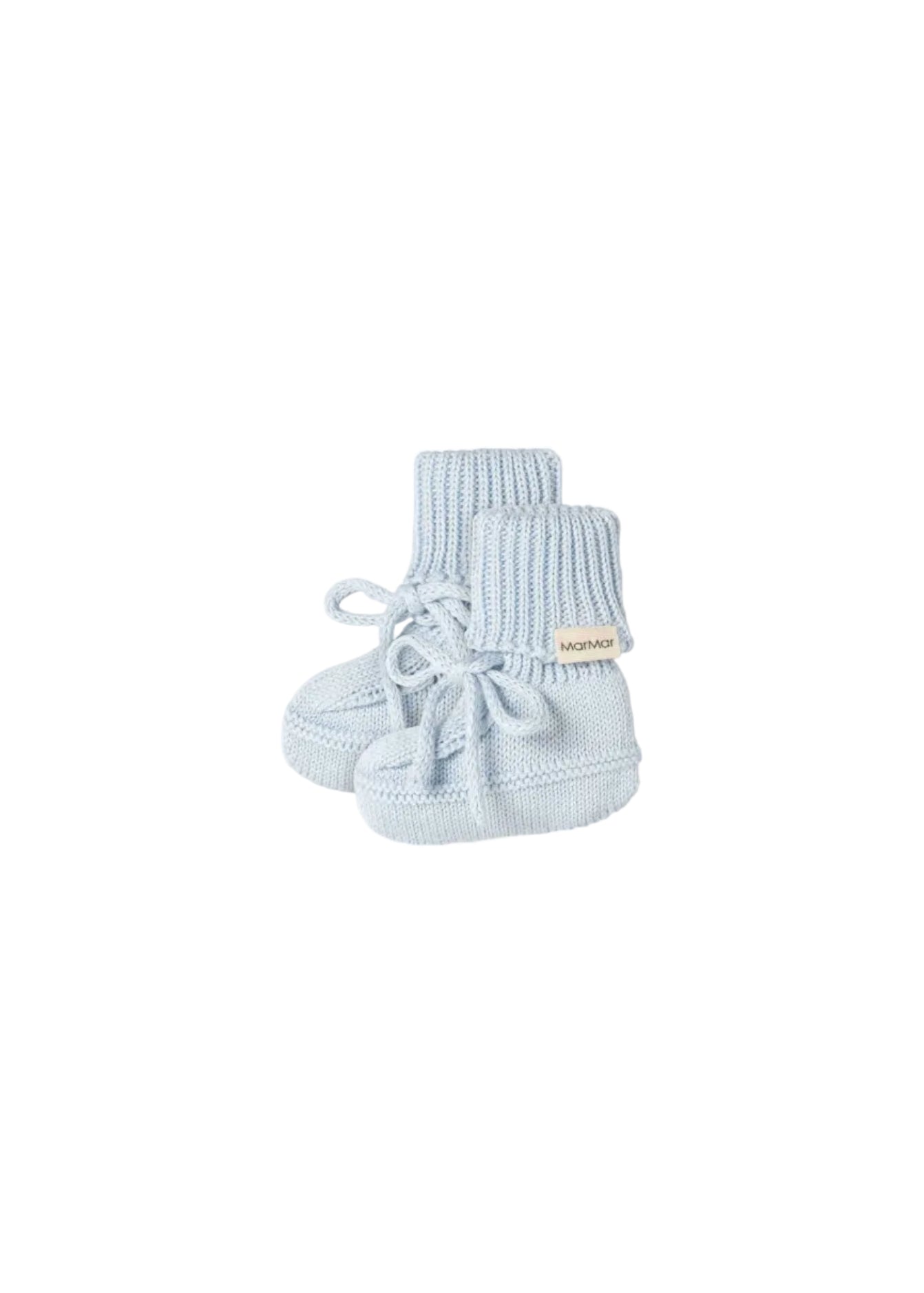 Pair of light blue knit baby booties with a visible brand label on a white background