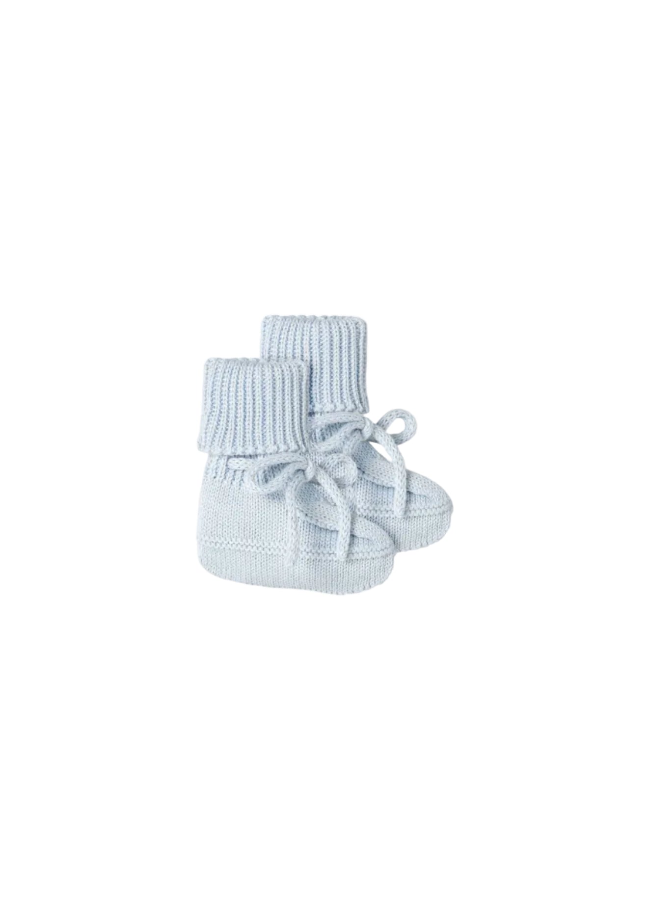 A pair of light blue knit baby booties with ribbed cuffs and matching tie-front laces, photographed on a clean white background.