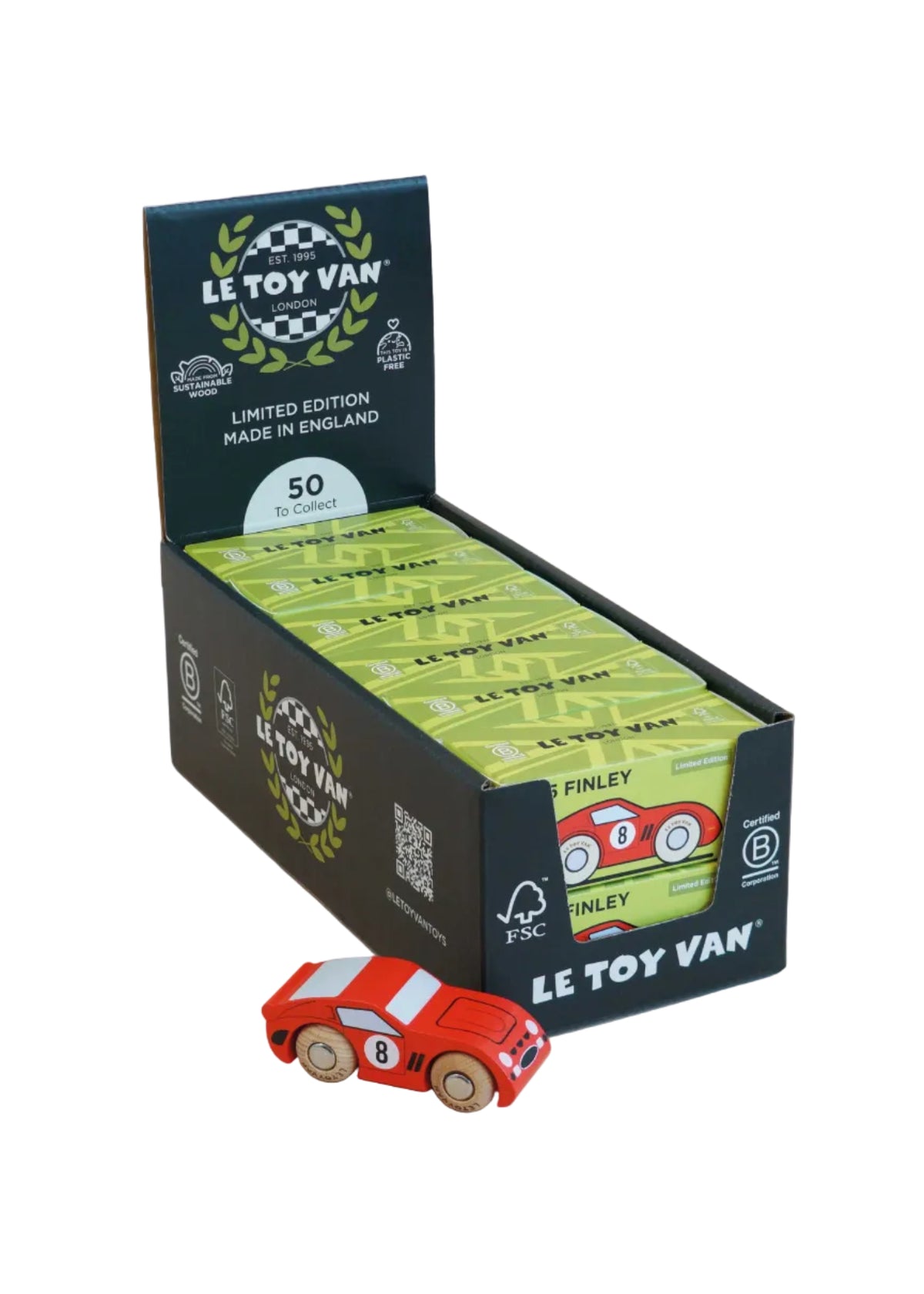 LE TOY VAN packaging with a red toy car in front on a beige background