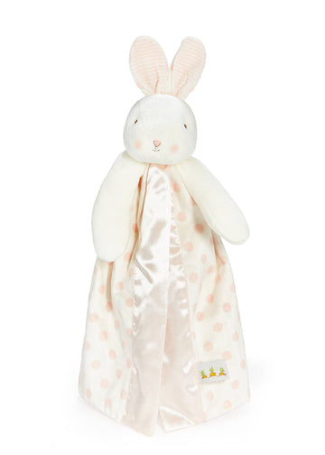 White bunny plush toy with a blanket on a white background