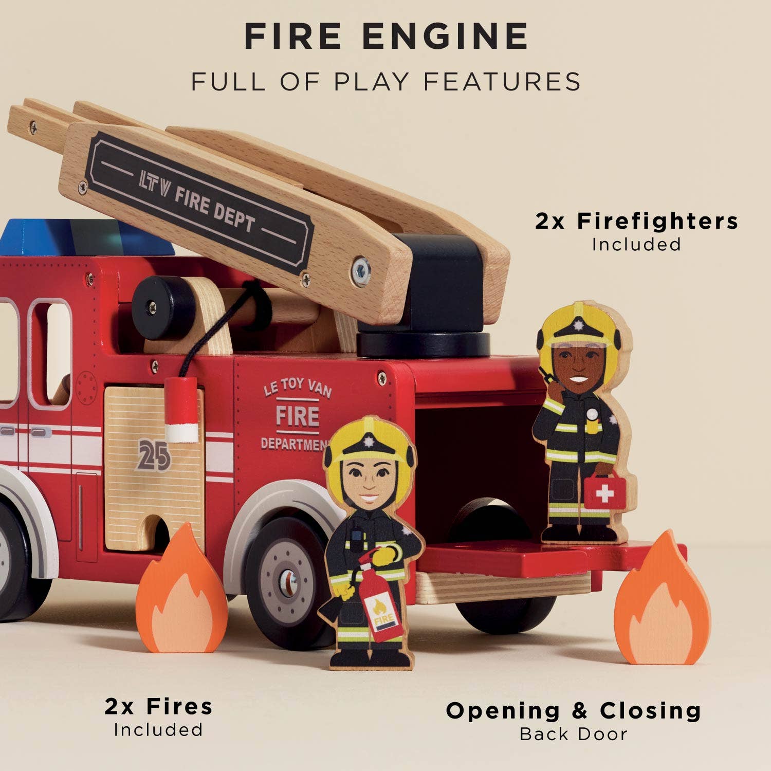Toy fire engine with firefighters and flames on a beige background