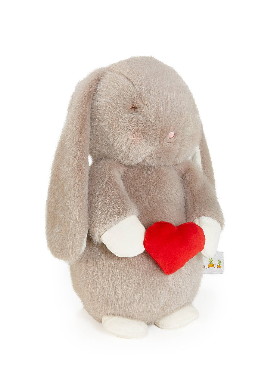 Plush toy rabbit holding a red heart on a white background