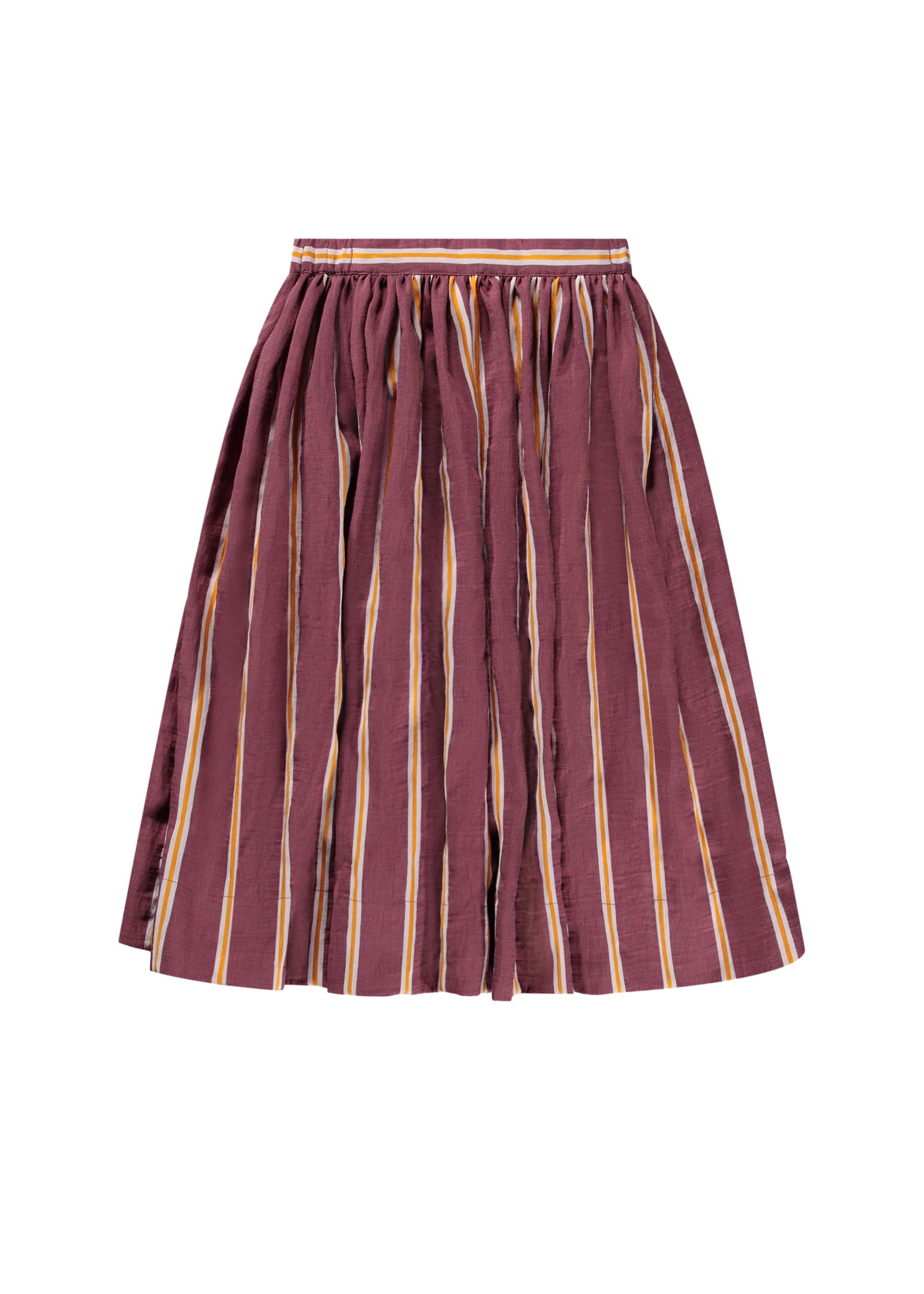 Maroon skirt with yellow and orange stripes on a white background