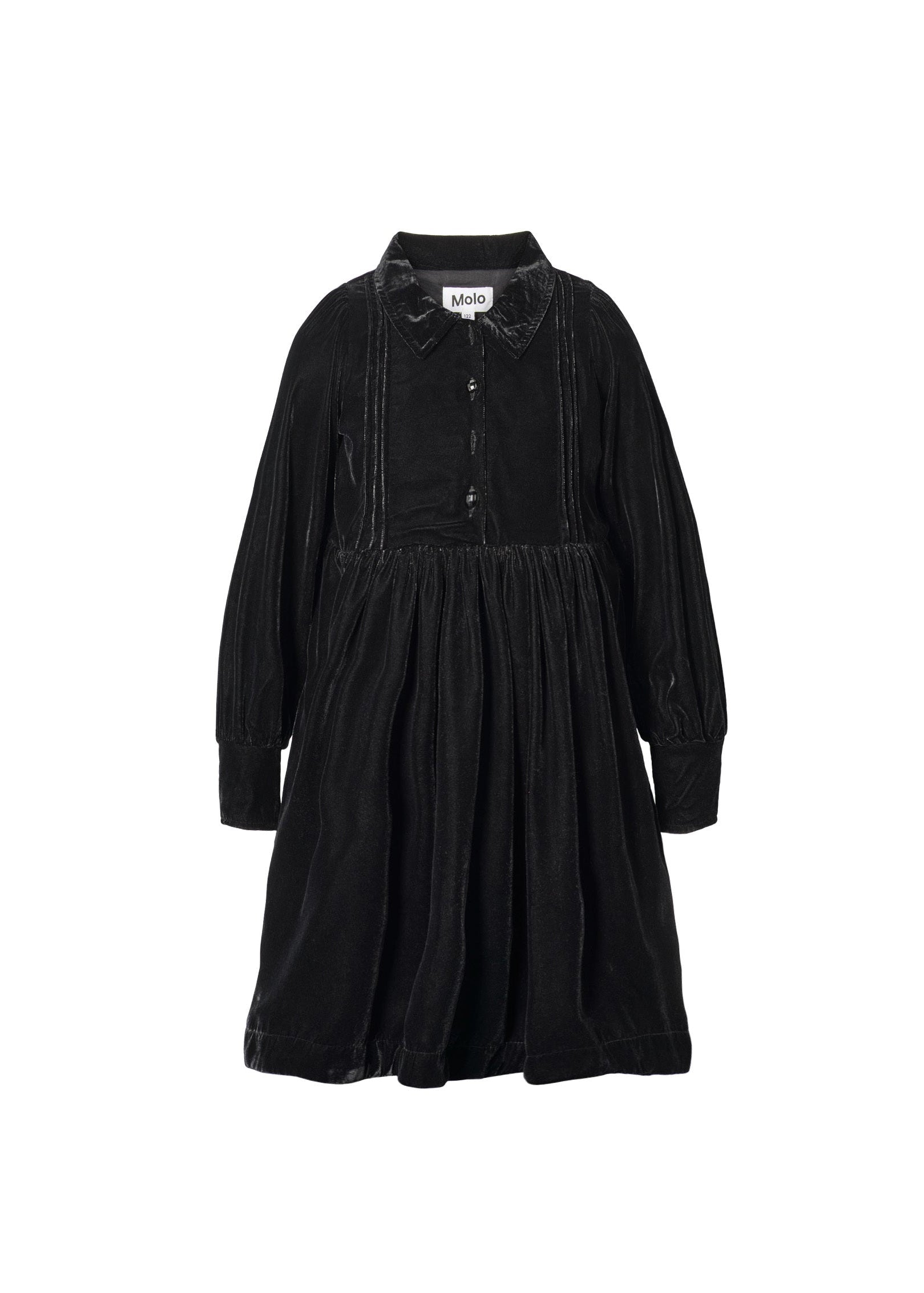 Black dress with a brand label on a white background