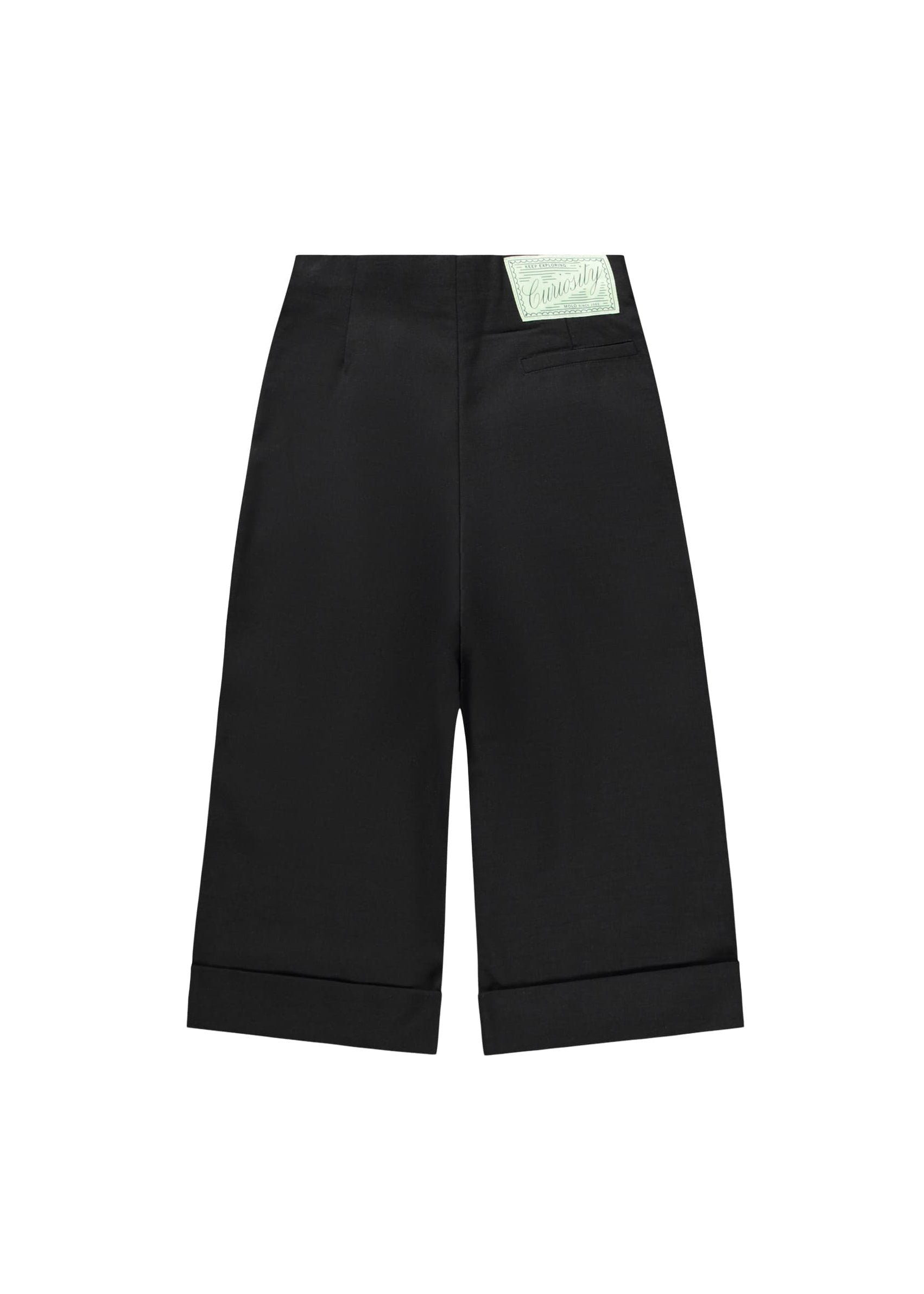 Black wide-leg pants with a brand label on a white background