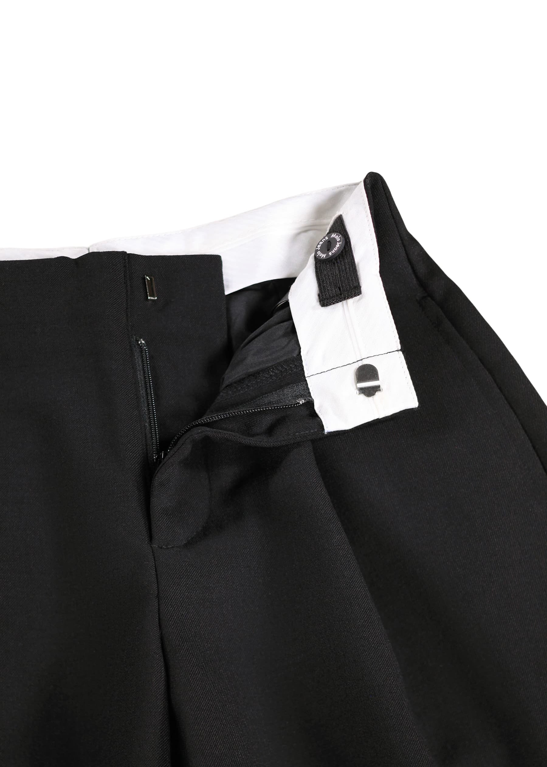 Black pants with a white shirt collar and visible brand tag on a white background
