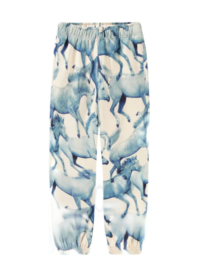 Blue and white horse print jogger pants with an elastic waistband and elastic cuffs.