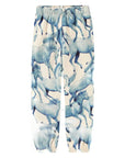 Blue and white horse print jogger pants with an elastic waistband and elastic cuffs.