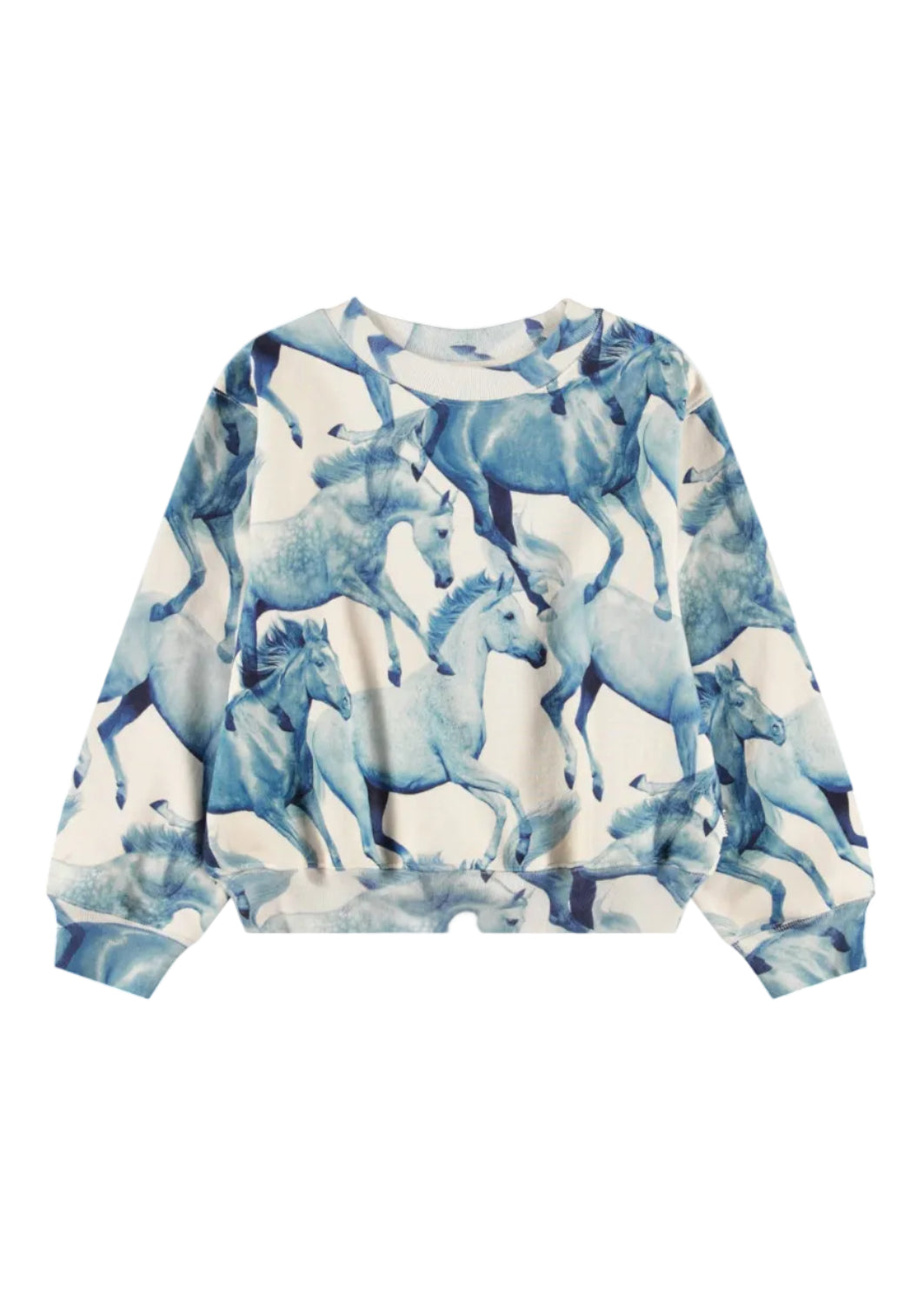 A long-sleeve crewneck sweatshirt featuring an all-over print of running horses in shades of blue on a cream-colored background.