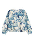 A long-sleeve crewneck sweatshirt featuring an all-over print of running horses in shades of blue on a cream-colored background.