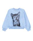 Light blue sweatshirt with a cat graphic on a white background
