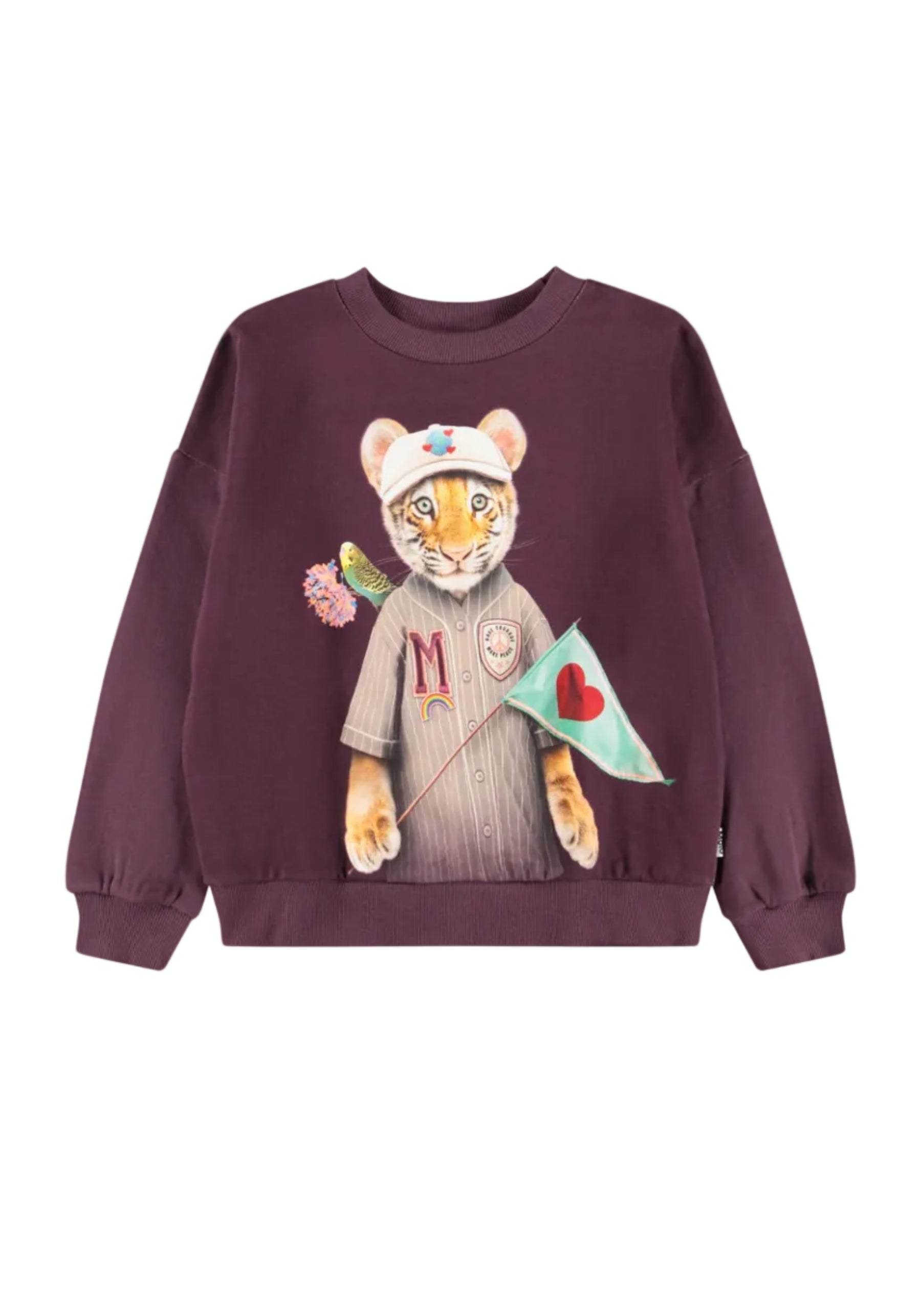 Maroon sweatshirt with a cartoon tiger design on a white background