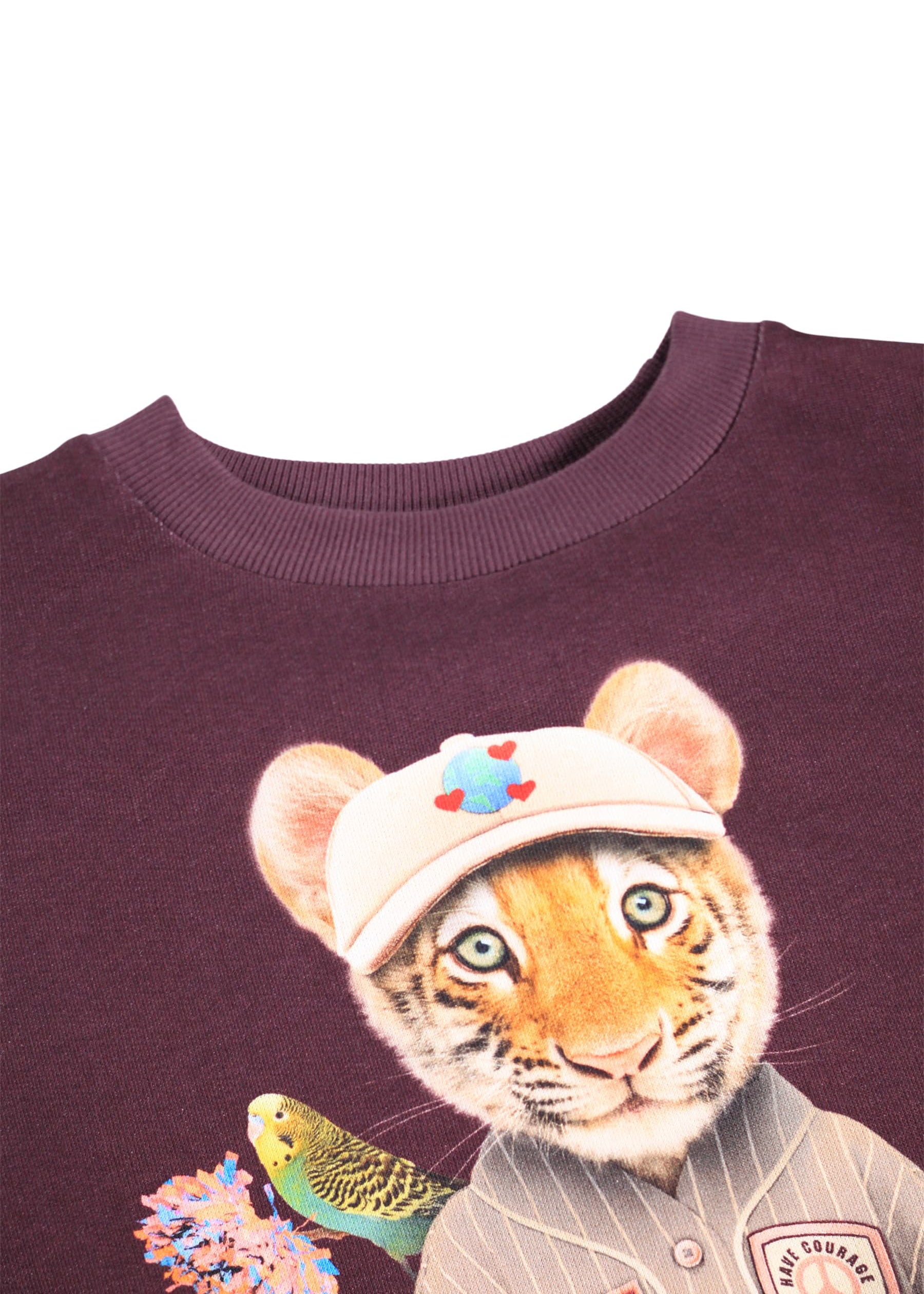 Maroon sweatshirt with a tiger wearing a cap and sunglasses design on a white background