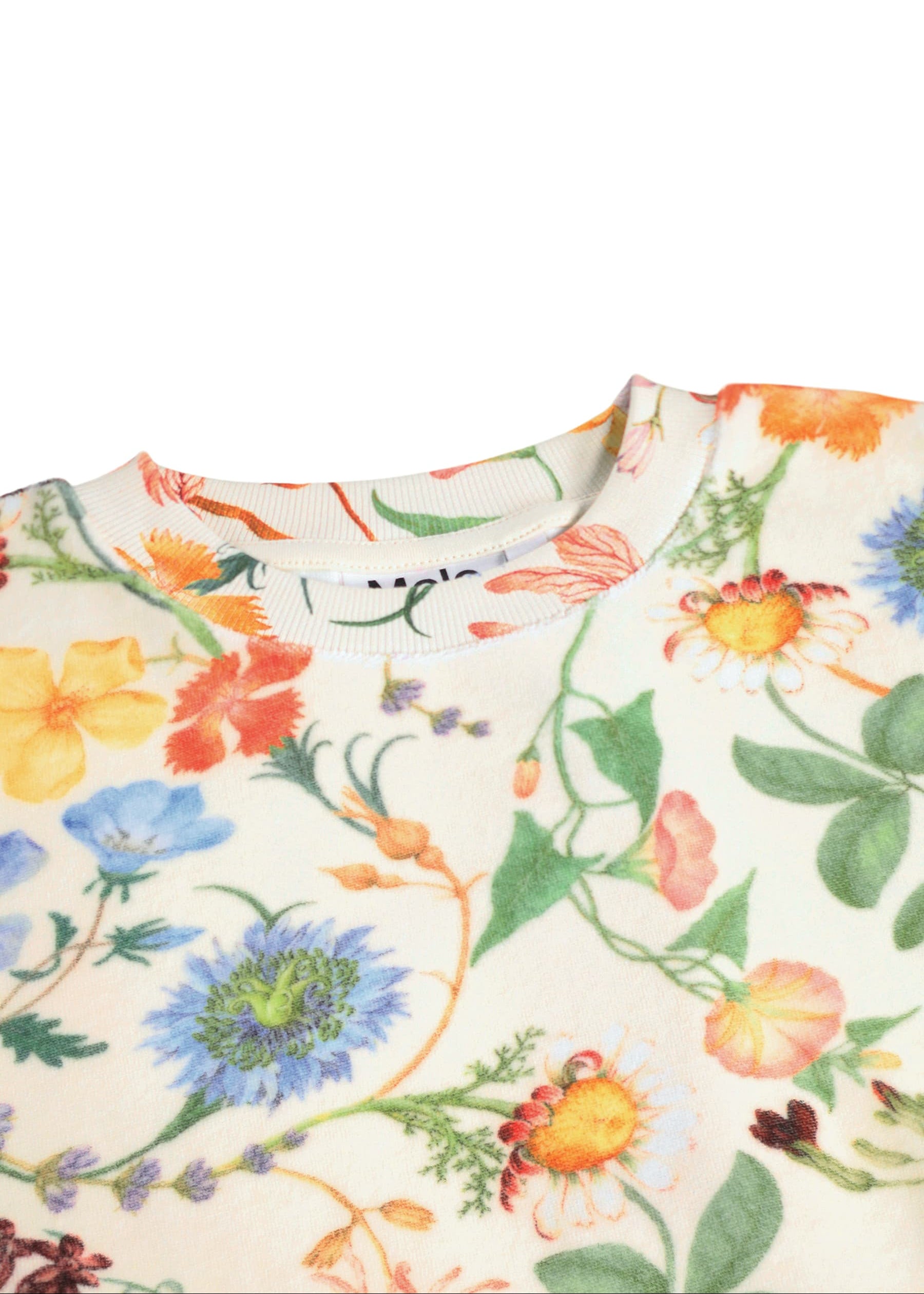 Close-up of a floral patterned fabric with colorful flowers on a white background