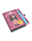 Boxed fashion doll set with a pink and green design on a white background