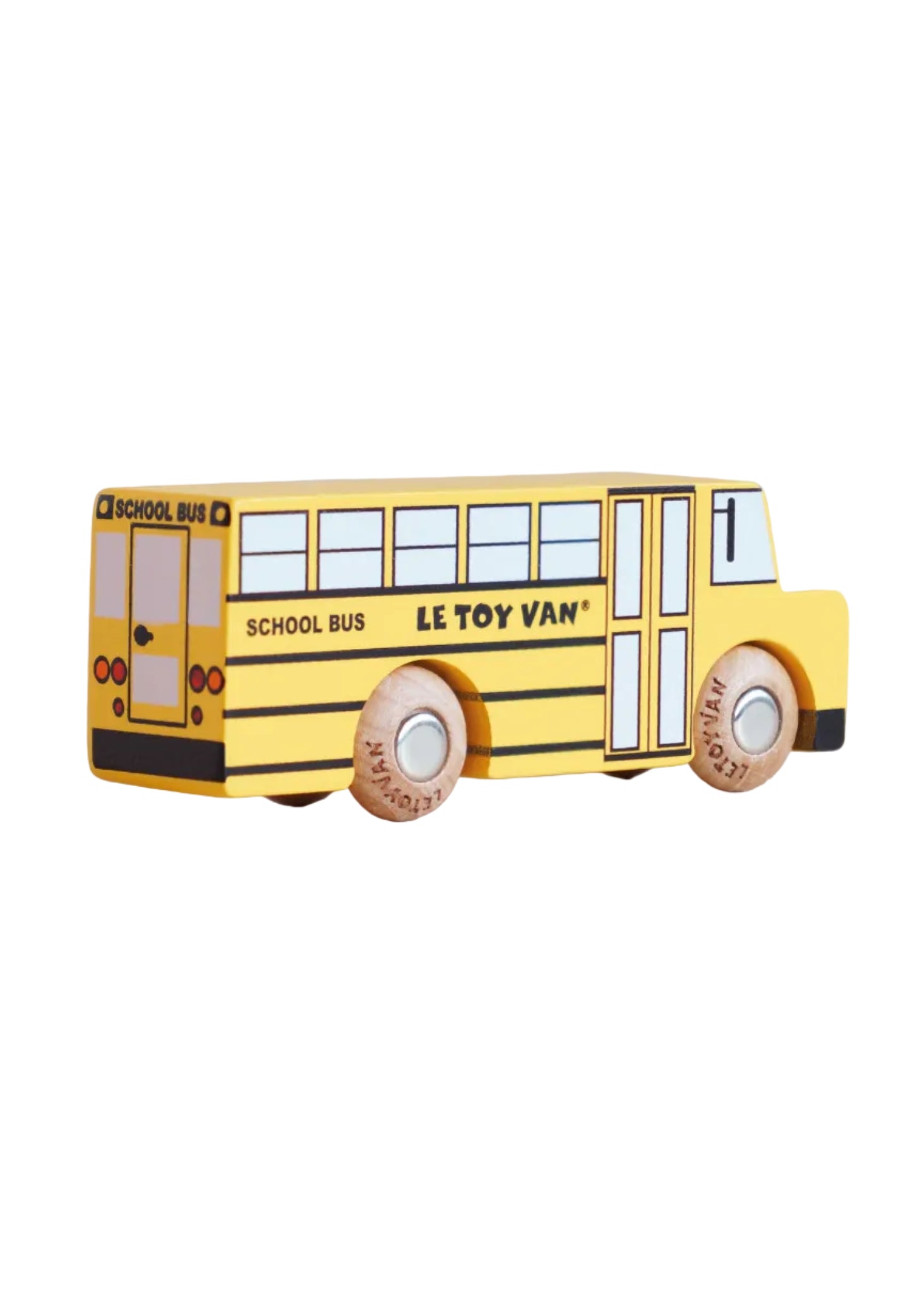 Yellow toy school bus with wooden wheels on a beige background, branded 'Le Toy Van'.