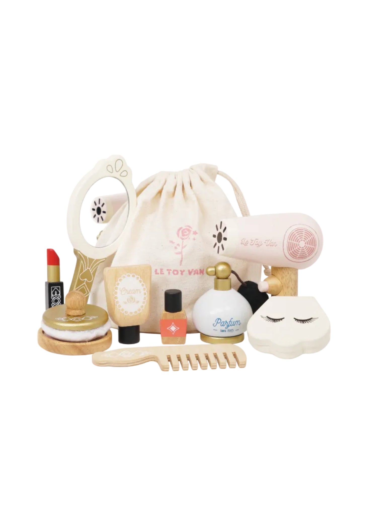 Set of children's makeup and grooming toys with a drawstring bag labeled 'Le Toy Van' on a white background.