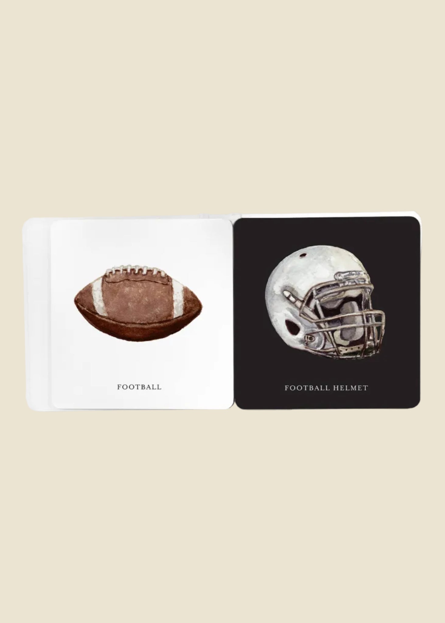 Illustrations of a football and a football helmet on a white and black card respectively.