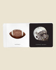 Illustrations of a football and a football helmet on a white and black card respectively.