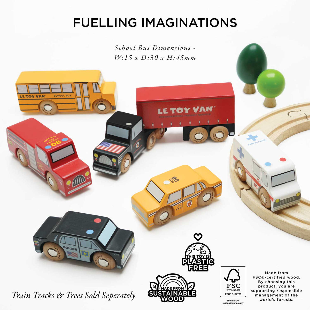 Collection of toy vehicles including a school bus, truck, fire engine, taxi, and ambulance on a white background with branding and product details.