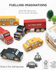 Collection of toy vehicles including a school bus, truck, fire engine, taxi, and ambulance on a white background with branding and product details.