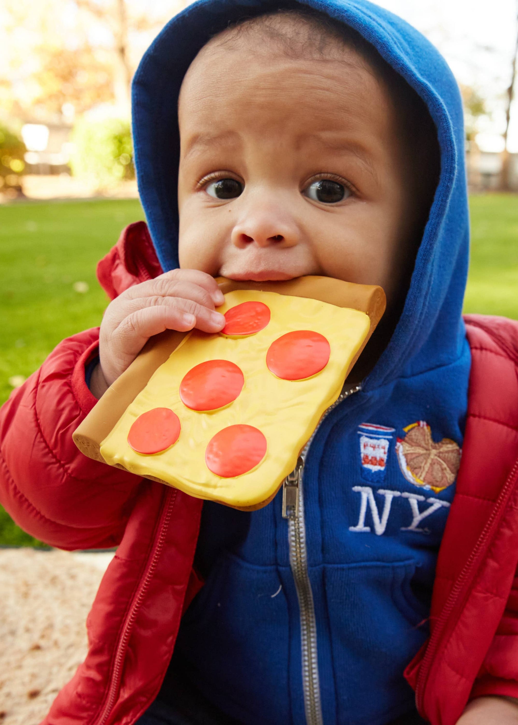 Child holding a toy pizza in a park