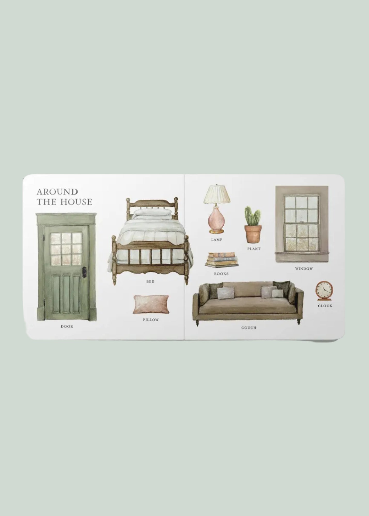 Illustrated book page showing furniture and home decor items on a light green background