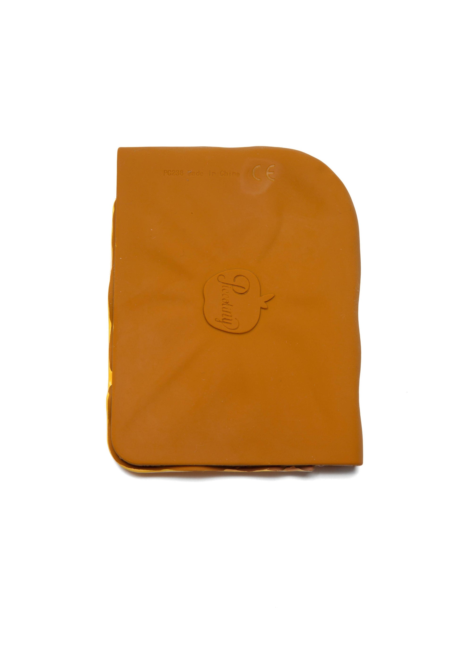 Orange leather wallet with a brand logo on a white background