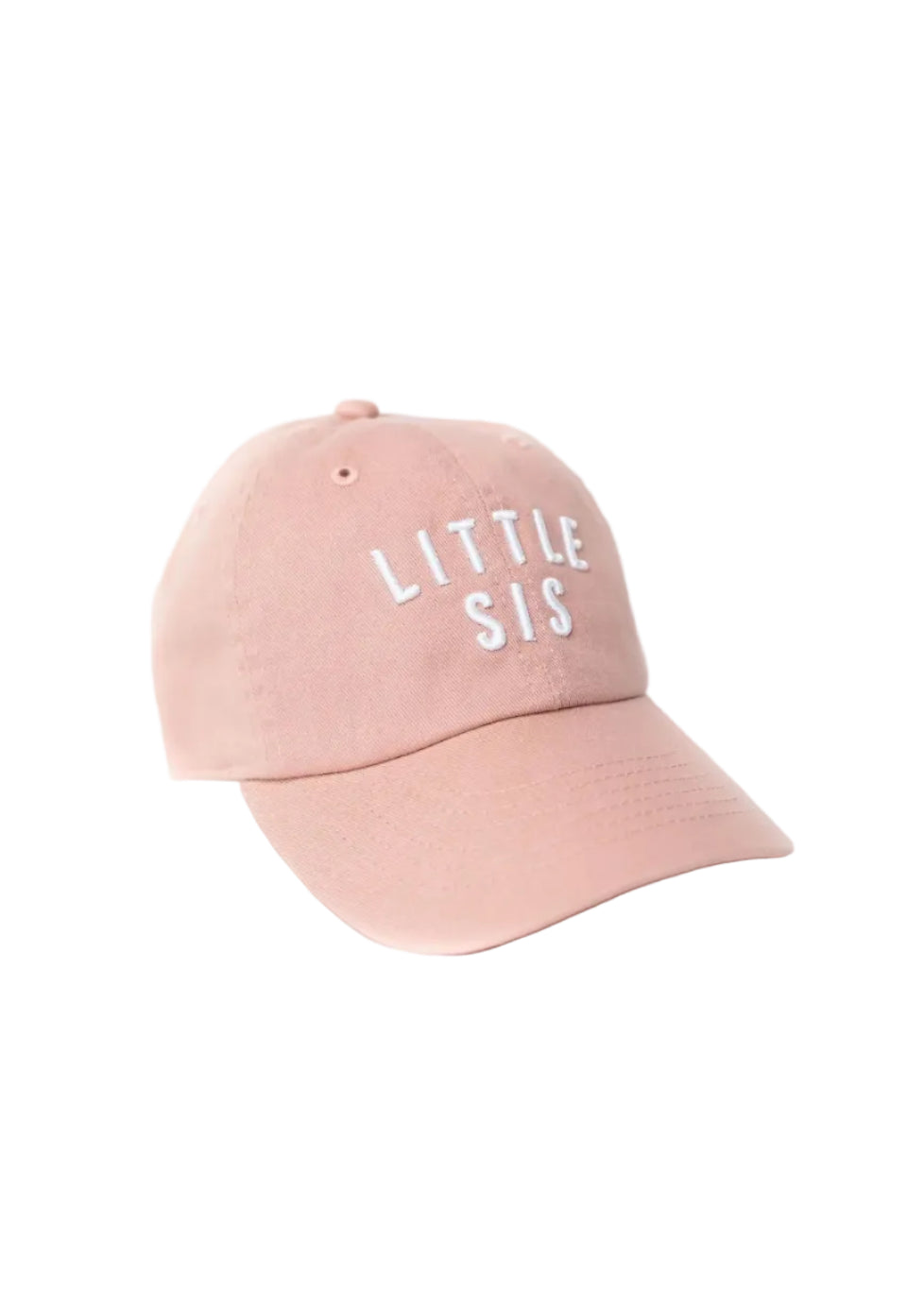 Pink cap with 'LITTLE SIS' text on a white background