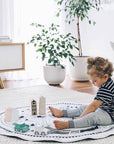 Child playing with toys on a rug in a bright living room