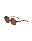 Sunglasses with tortoiseshell frame and dark lenses on a white background