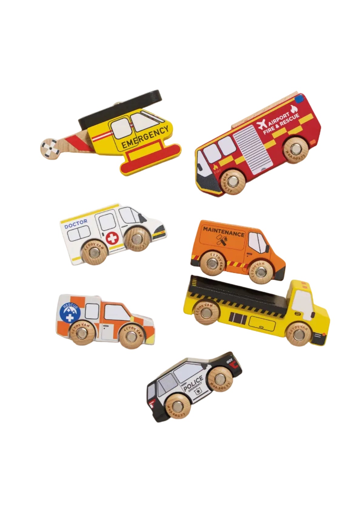 Set of colorful toy vehicles including an ambulance, fire truck, and others on a beige background