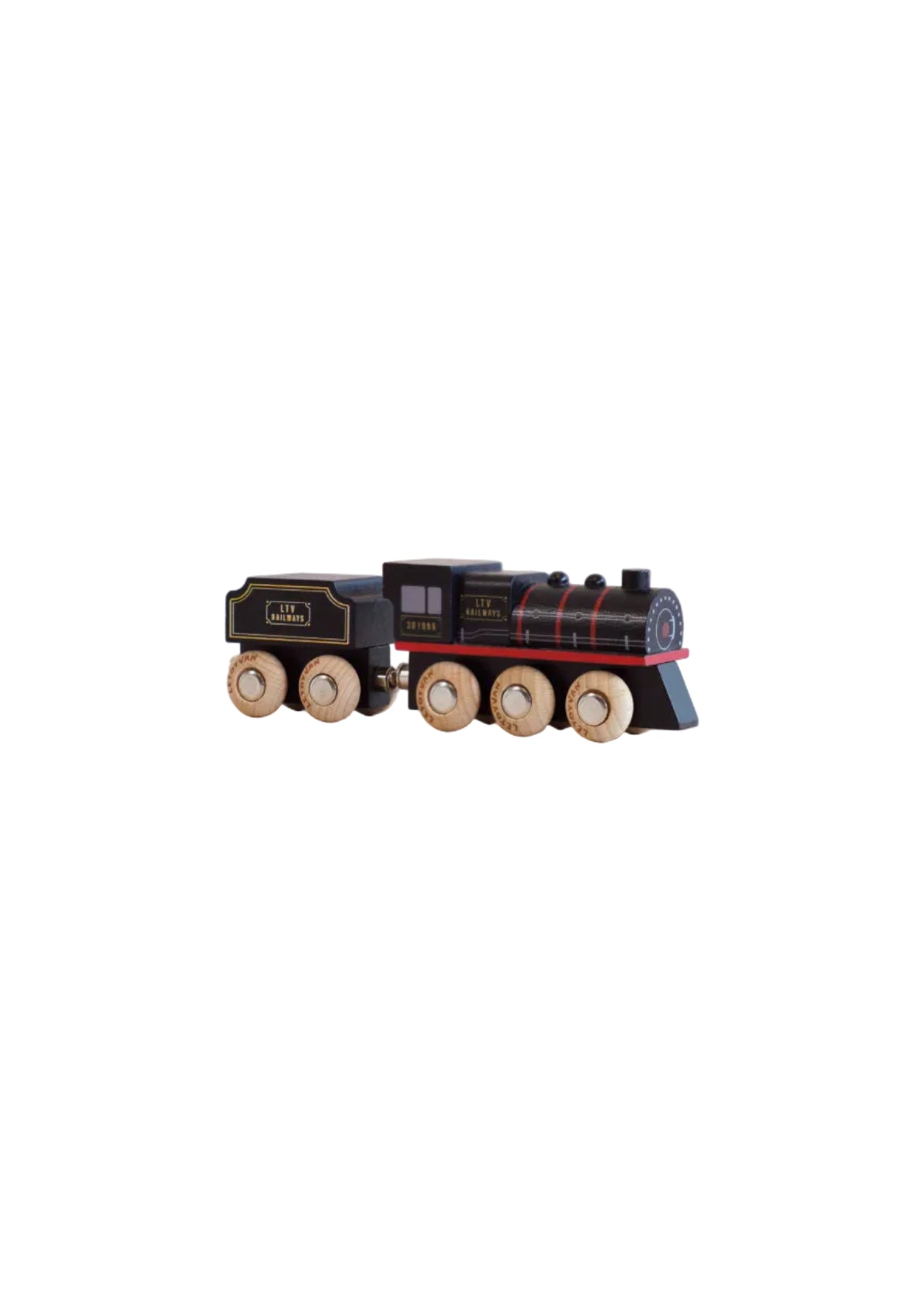 Wooden toy train with black engine and red trim on a light gray background
