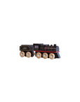 Wooden toy train with black engine and red trim on a light gray background