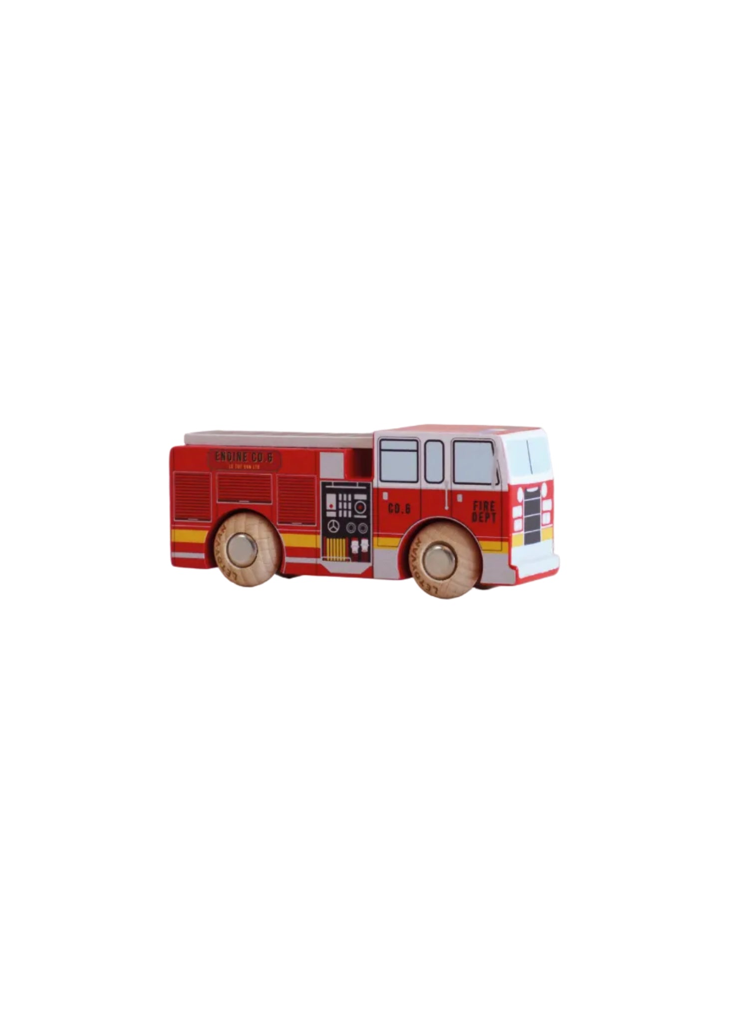 Red toy fire truck with wooden wheels on a beige background