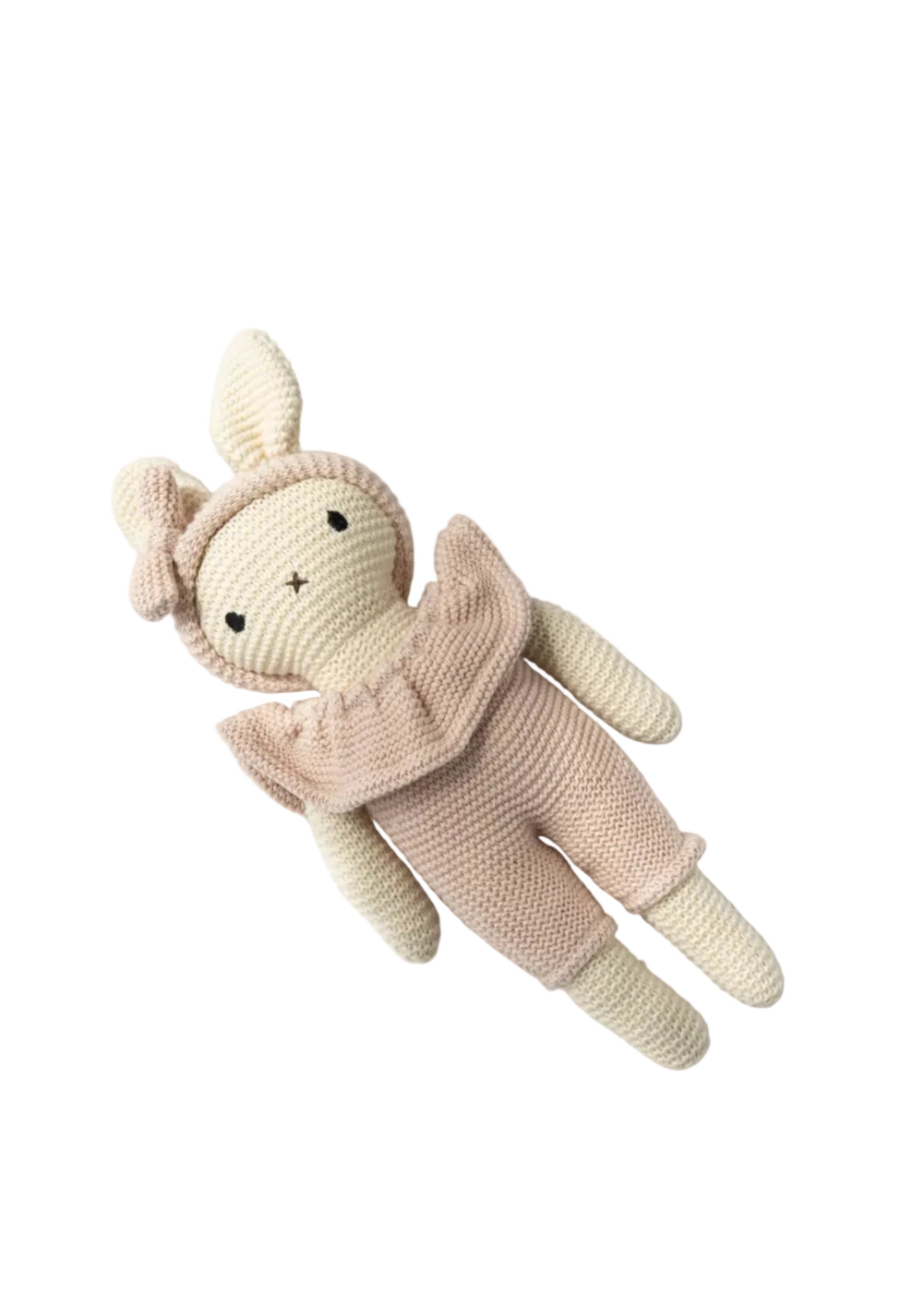 Knitted toy rabbit with a pink outfit on a white background