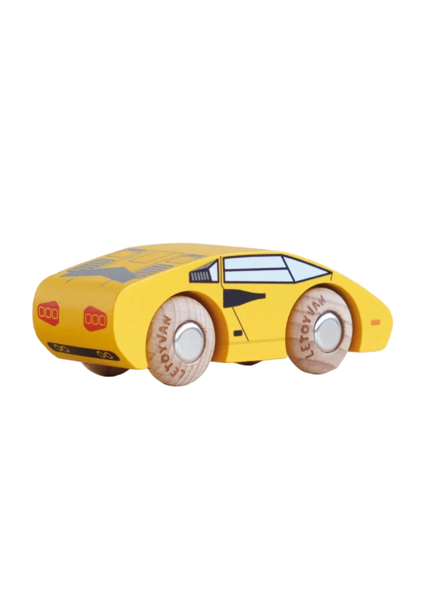 Yellow toy car with wooden wheels on a beige background