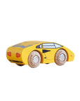 Yellow toy car with wooden wheels on a beige background
