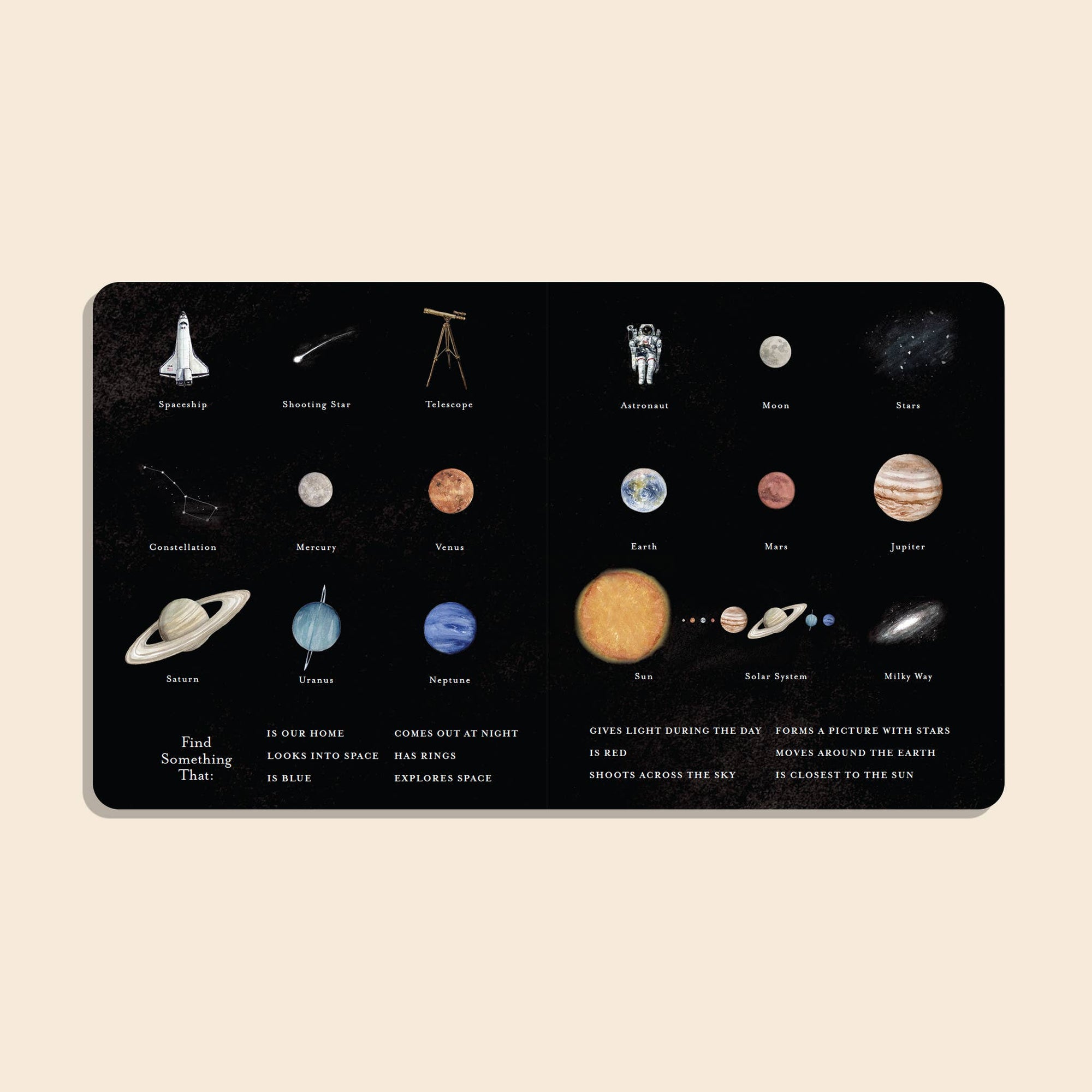 Educational placemat with illustrations of planets and space-related items on a black background.