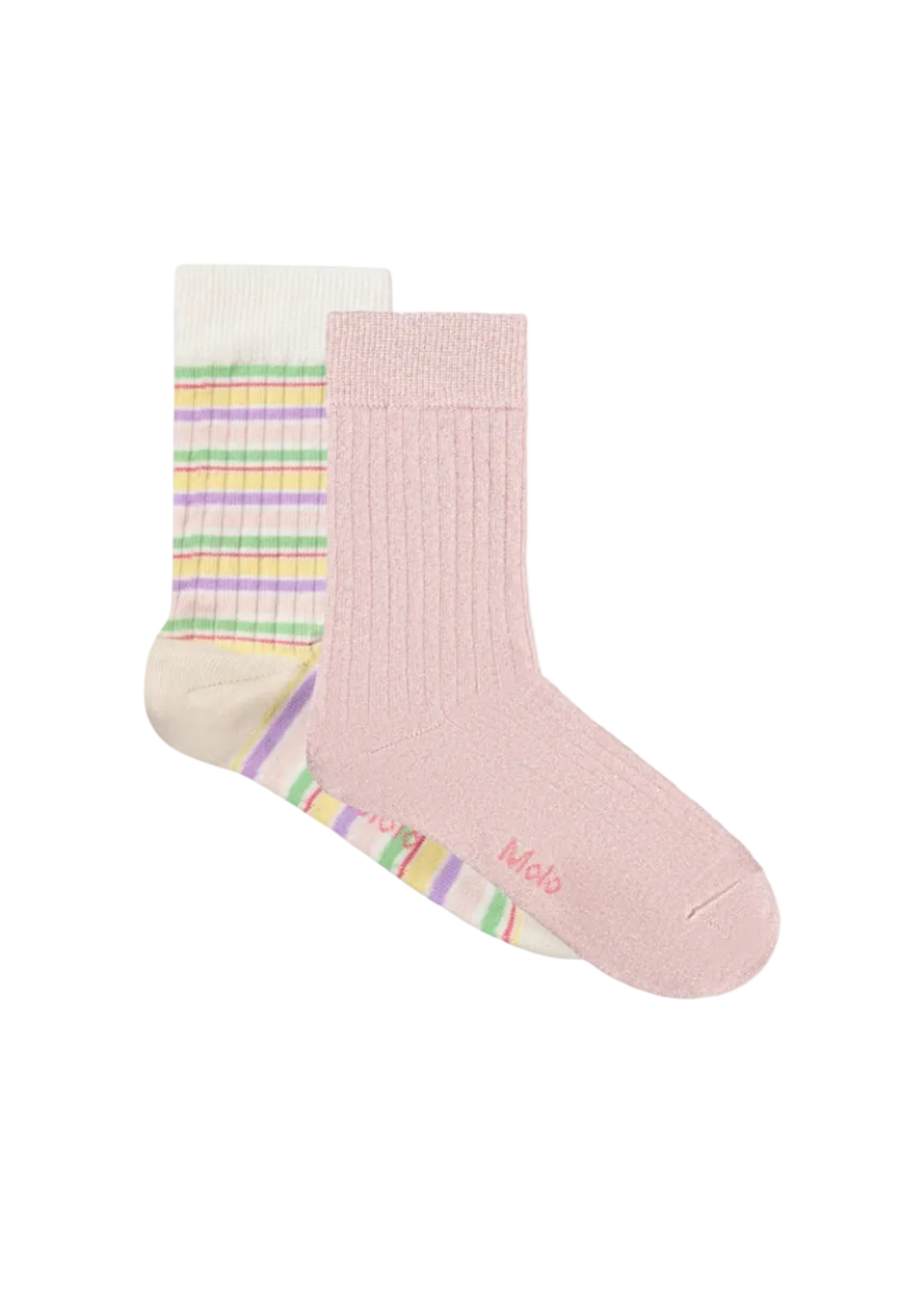 Pink sock with colorful striped pattern on a white background